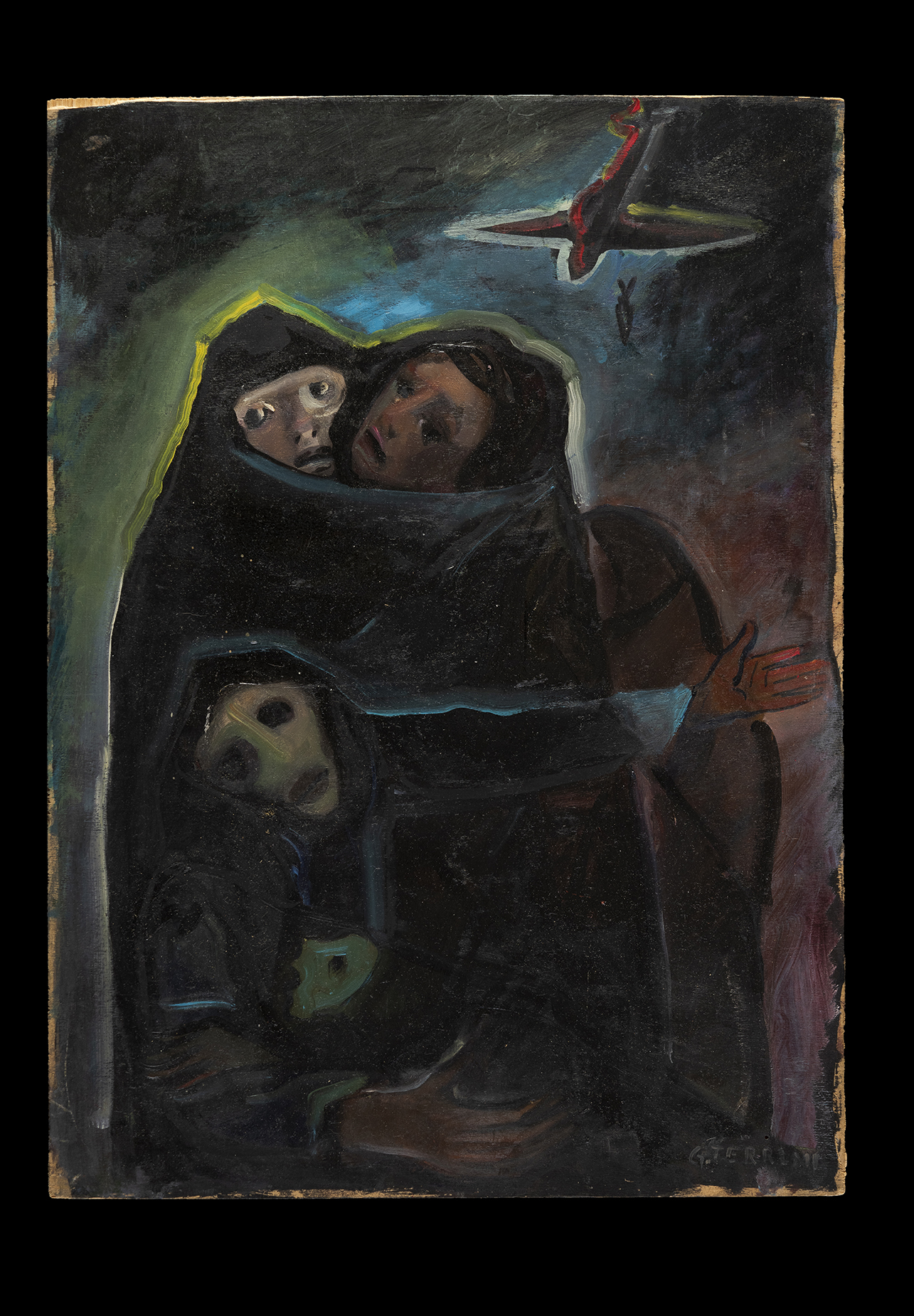 Bombardamento, Gruppo di persone abbracciate (dipinto) di Terreni Gino (anni cinquanta XX)