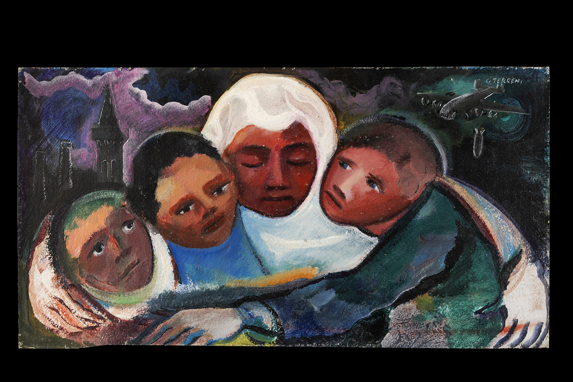 L'abbraccio, Donna e bambini stretti che si abbracciano (dipinto) di Terreni Gino (anni cinquanta XX)