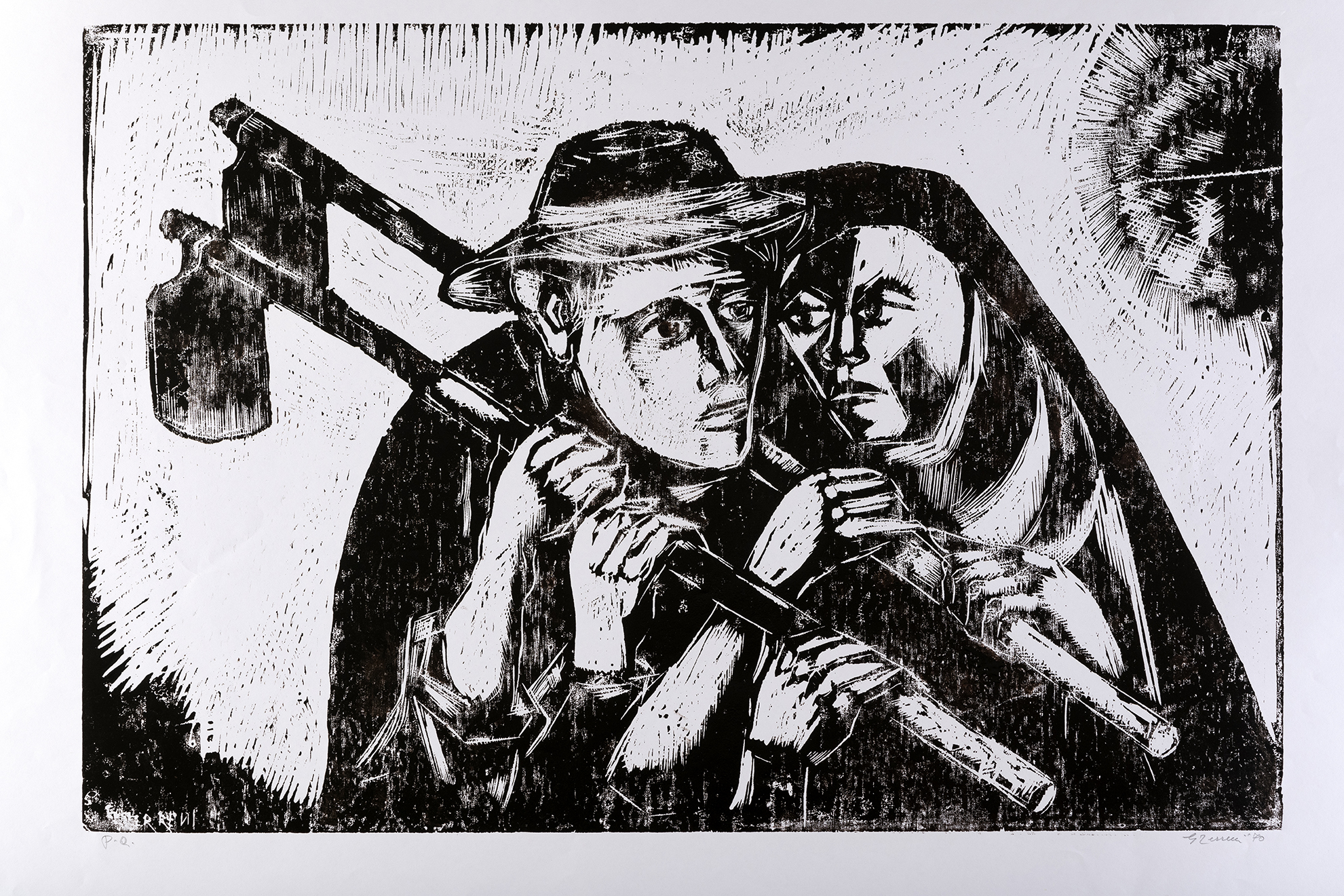 C'è rimasto solo amore, Coppia di contadini con zappa sulla spalla (stampa) di Terreni Gino (terzo quarto XX)