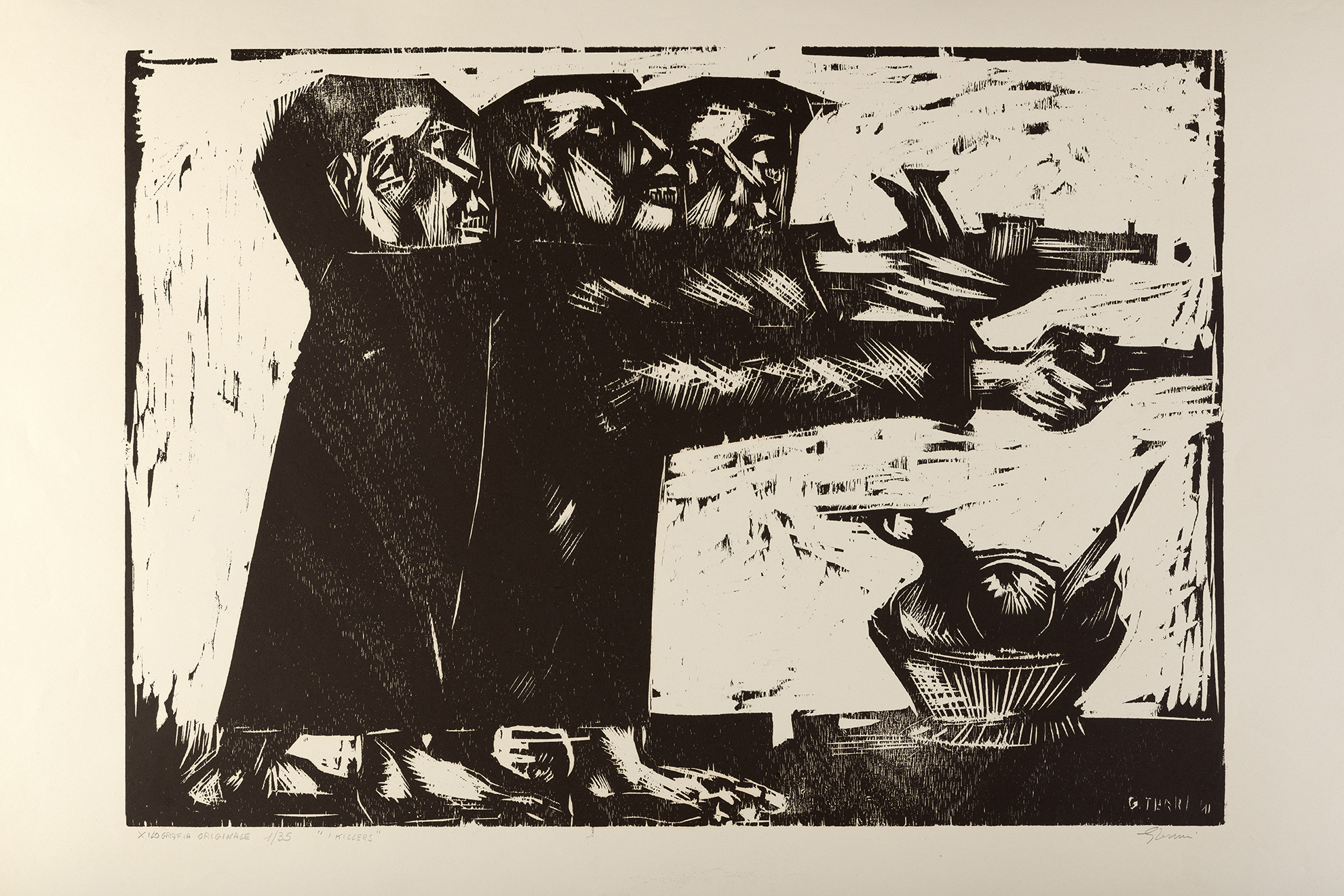 I killers, Gruppo di uomini in atto di sparare (stampa) di Terreni Gino (terzo quarto XX)