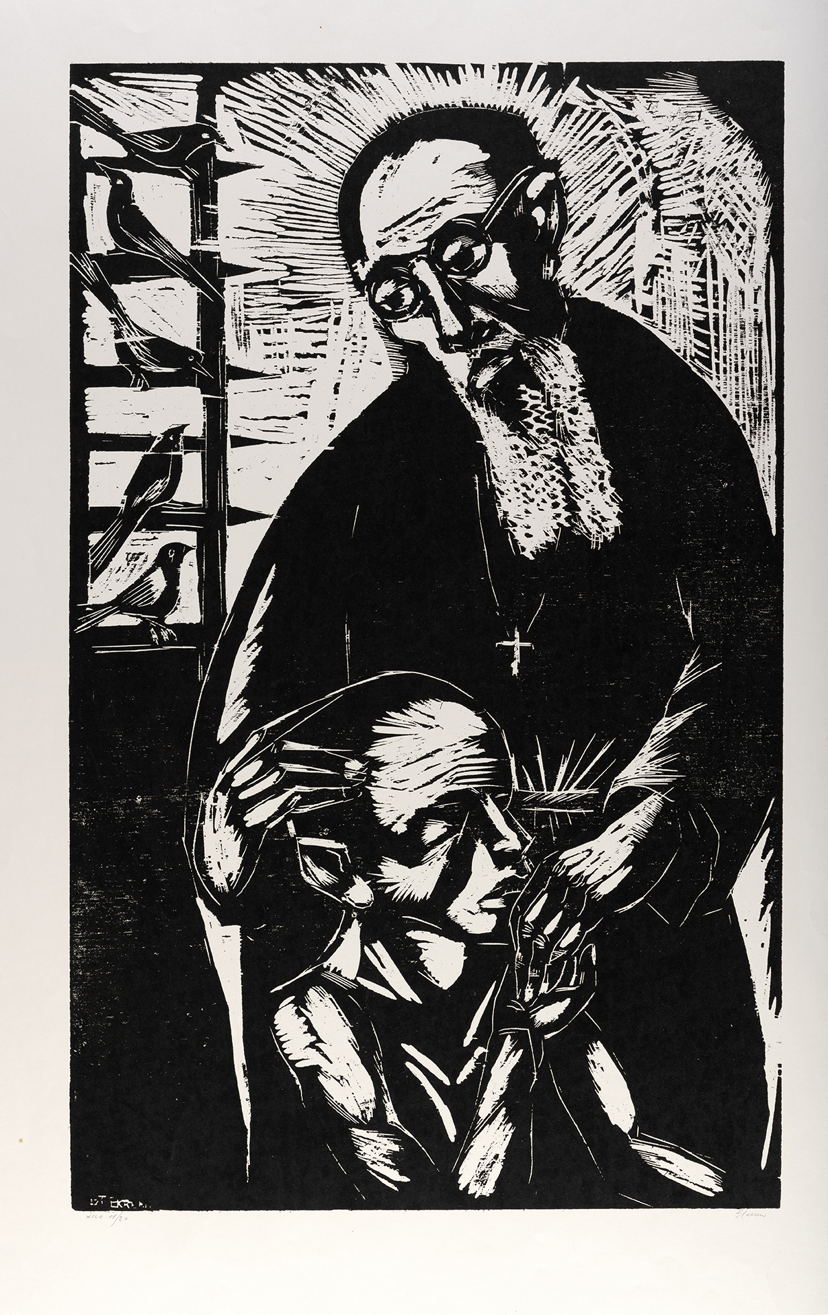 Il conforto, Padre Kolbe in preghiera con un prigioniero (stampa) di Terreni Gino (terzo quarto XX)