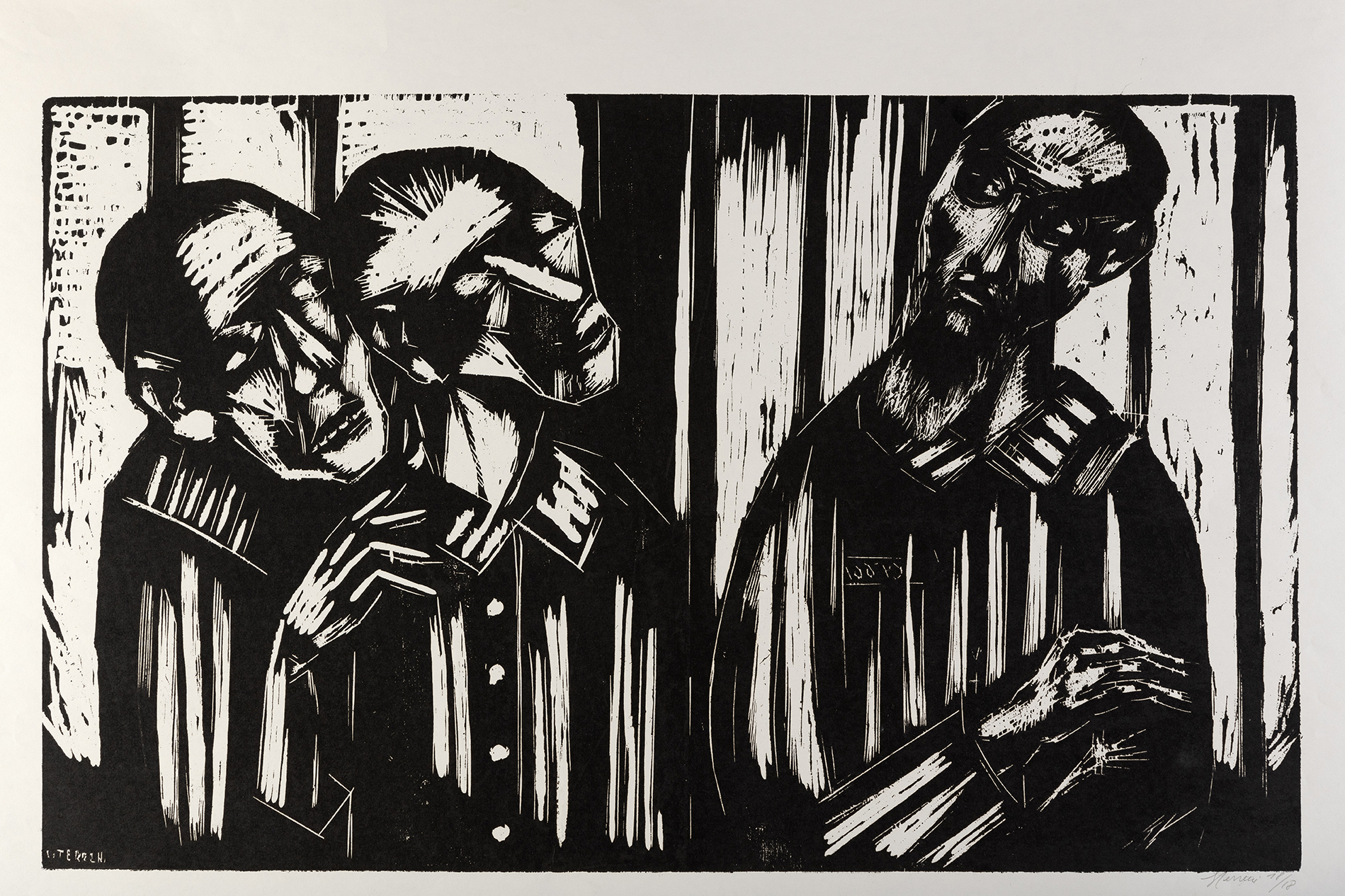 Padre Kolbe consola i prigionieri, Gruppo di prigionieri in campo di concentramento (stampa) di Terreni Gino (terzo quarto XX)