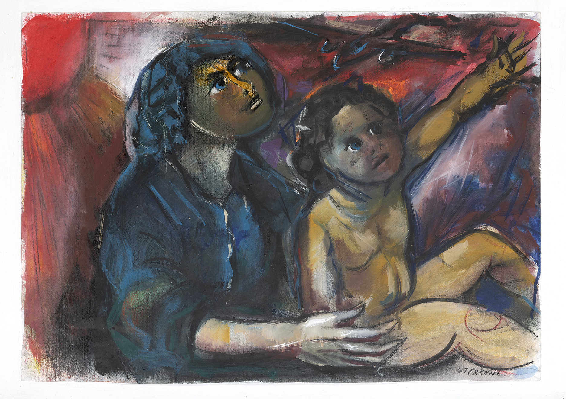 La madre, Donna con bambino durante un bombardamento (disegno preparatorio) di Terreni Gino (inizio/ inizio XXI)