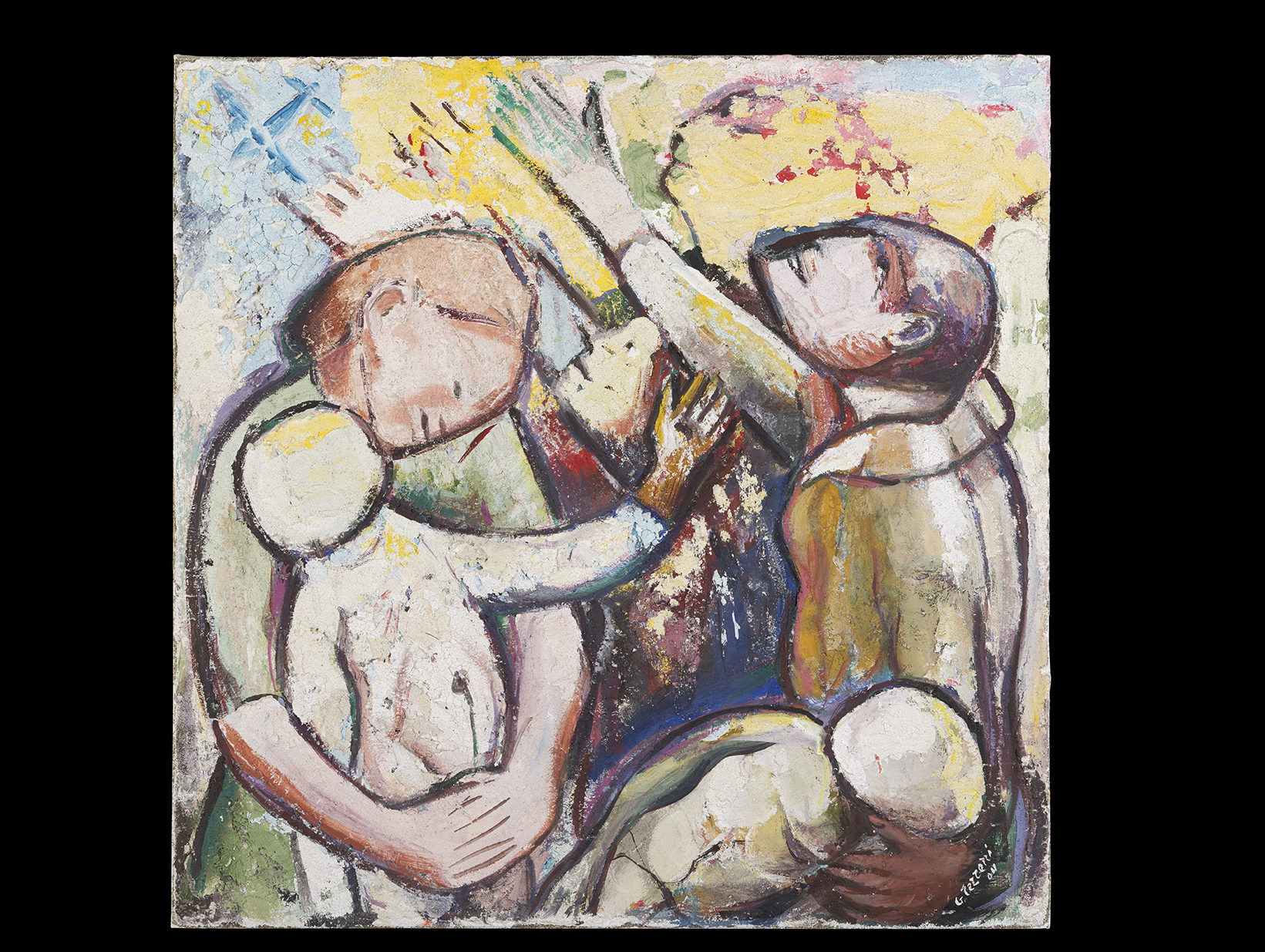 Accidenti a voi. La maledizione di un padre, Uomini e bambini durante un bombardamento aereo (dipinto) di Terreni Gino (primo quarto XXI)