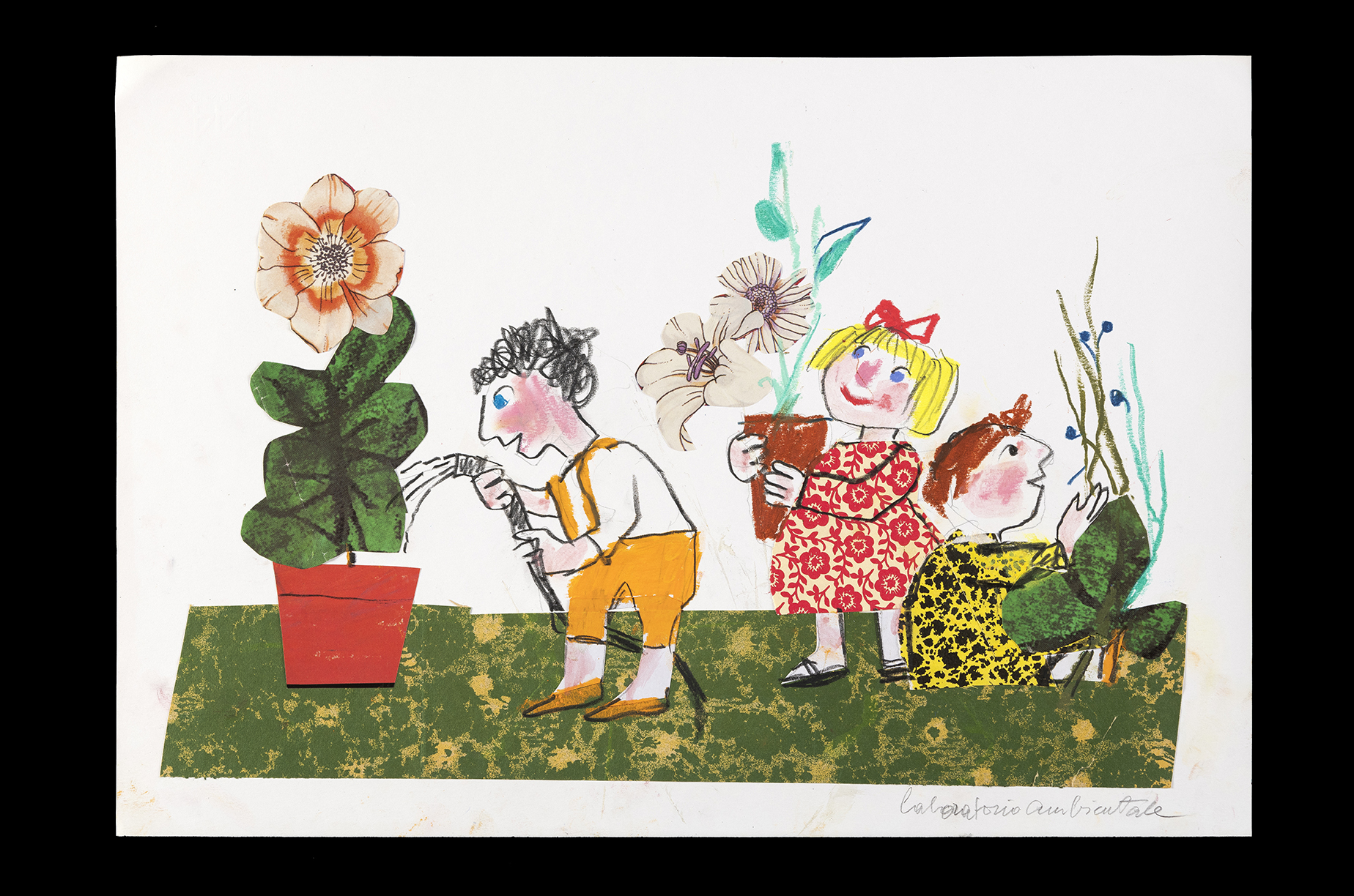 Laboratorio ambientale, Gruppo di bambini impegnati nel giardinaggio (disegno, elemento d'insieme) di Luzzati Emanuele (XX)