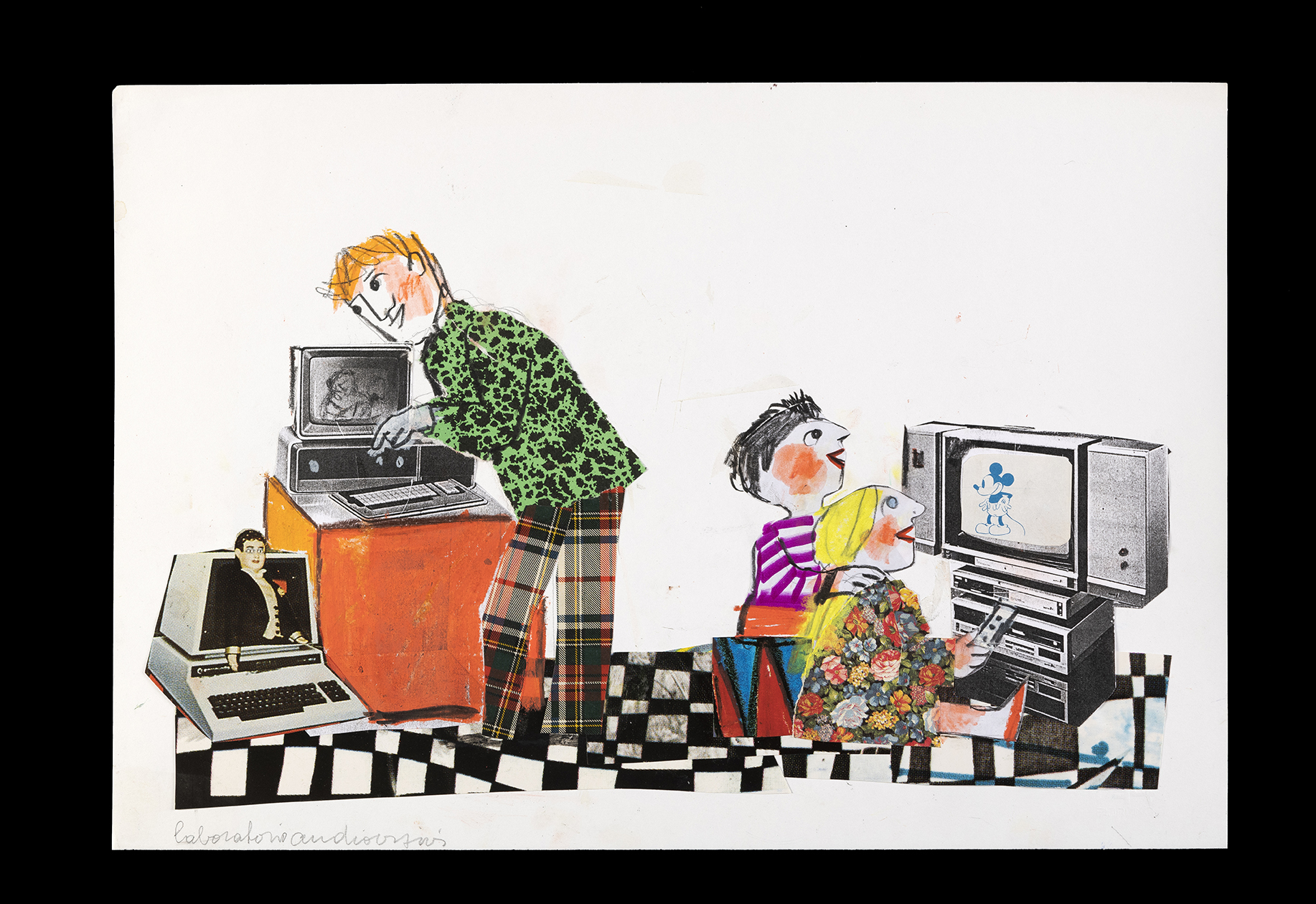 Laboratorio audiovisivi, Due bambini guardano la TV e un adulto è davanti ad un personal computer (disegno, elemento d'insieme) di Luzzati Emanuele (XX)