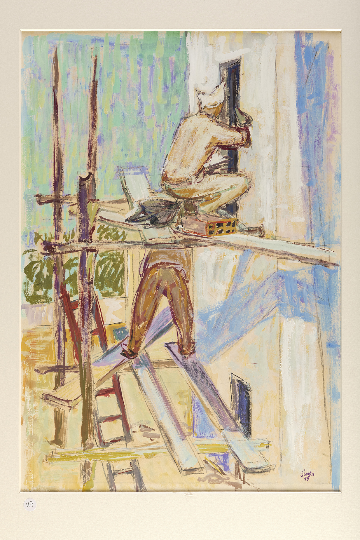 Muratori su impalcature, Muratori al lavoro (disegno) di Gemignani Sineo (terzo quarto XX)