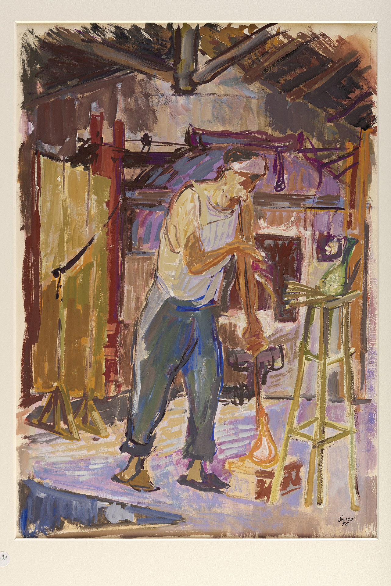 Soffiatore di vetro, Vetraio al lavoro (disegno) di Gemignani Sineo (terzo quarto XX)