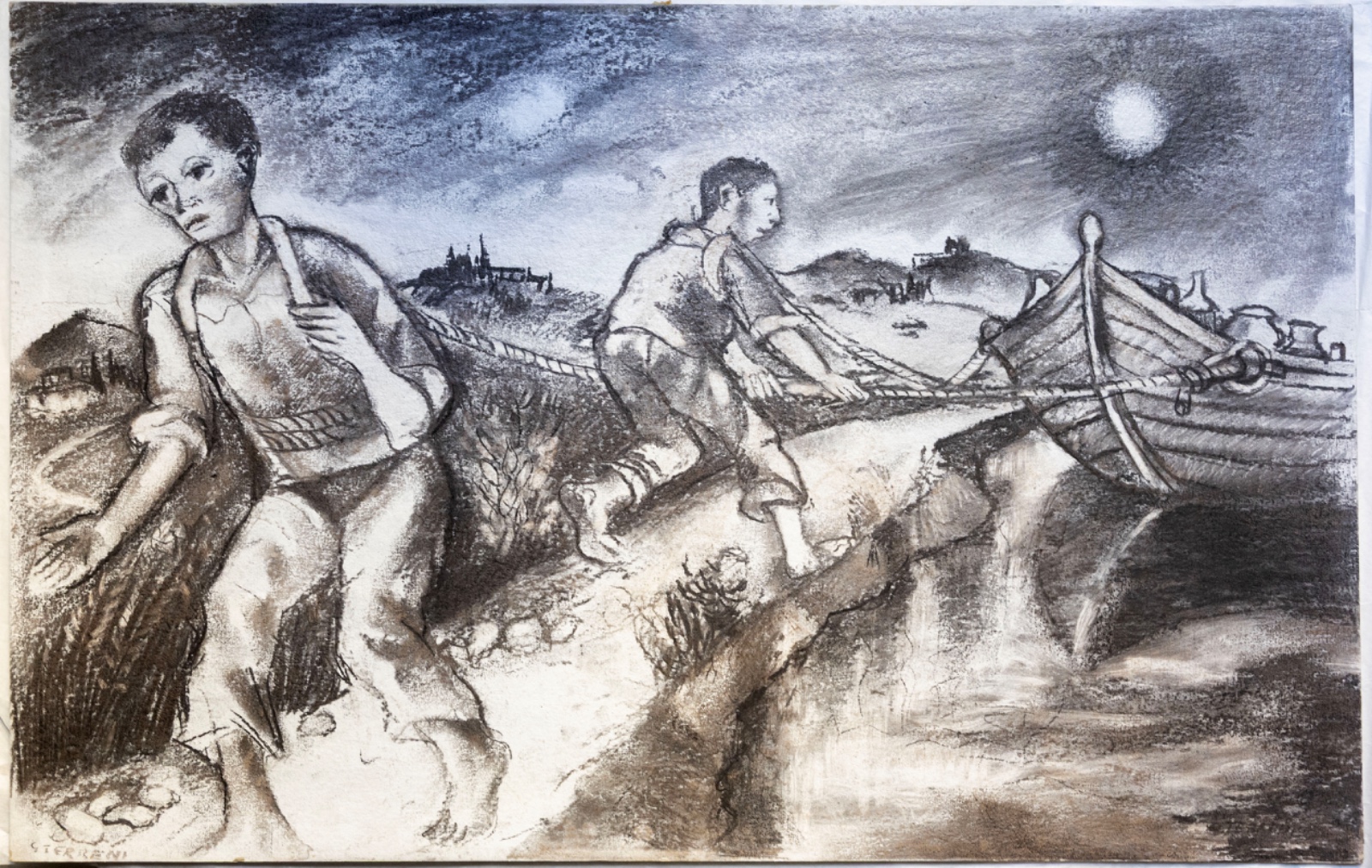 I tiratori di alzaio tornano a casa, Bardotti trainano un navicello (disegno) di Terreni Gino (ultimo quarto XX)