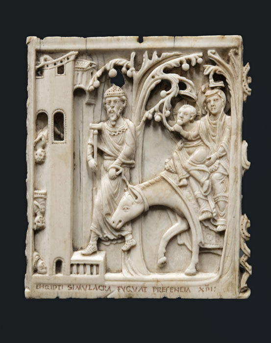 La Fuga in Eigitto (Miracolo della palma) e la Caduta degli Idoli, fuga in Egitto (Miracolo della palma); caduta degli Idoli (placchetta) - ambito bamberghese (XIII sec)