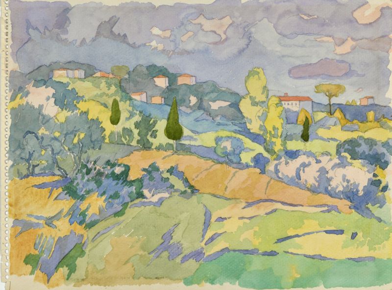 Paesaggio volterrano, paesaggio agreste nei pressi di Volterra con alcune abitazioni (disegno) di Rosi Mino (XX)