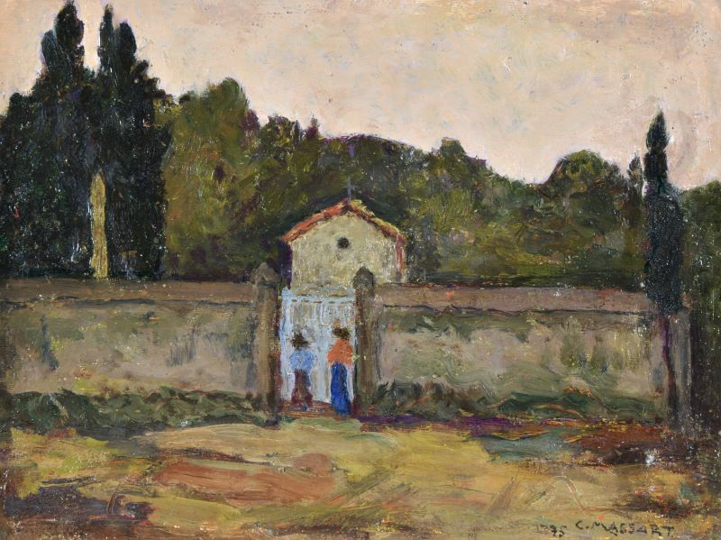 Preghiera, Paesaggio con figure e chiesetta (dipinto) di Massart Curzio (XX)