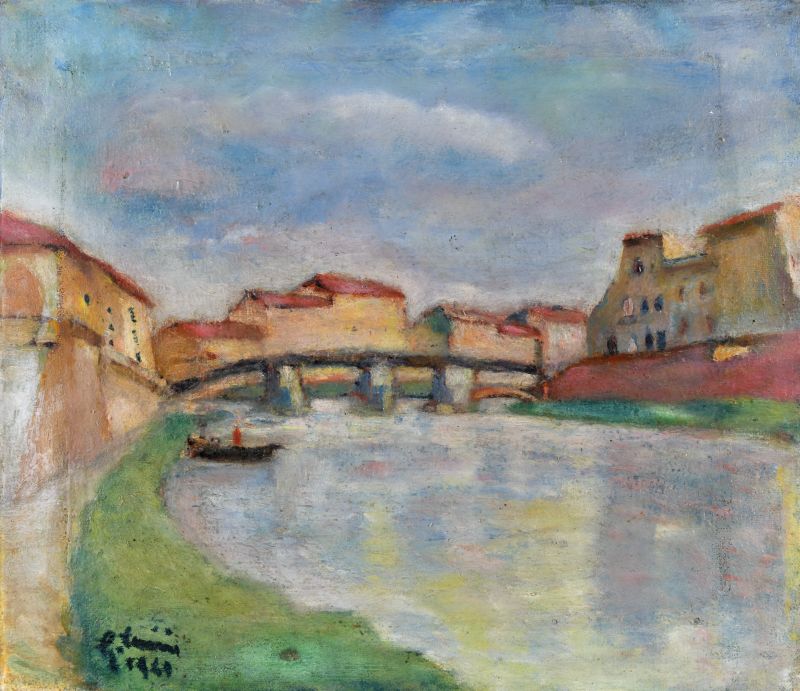 I Lungarni di Pisa, Veduta di città su fiume (dipinto) di Casini Giorgio (XX)