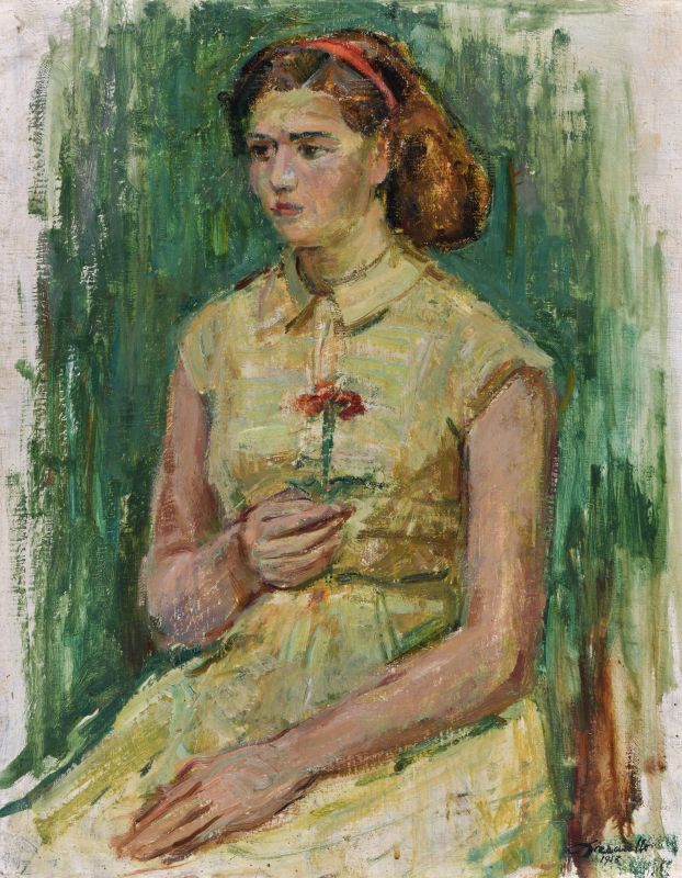 Giovane donna con garofano, Ritratto femminile (dipinto) di Pizzarello Salvatore (XX)