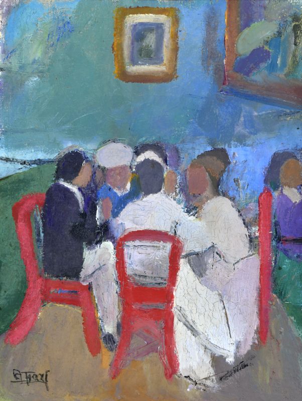 Giocatori di carte, Figure sedute in interno (dipinto) di Terri Amanda (prima metà XX)