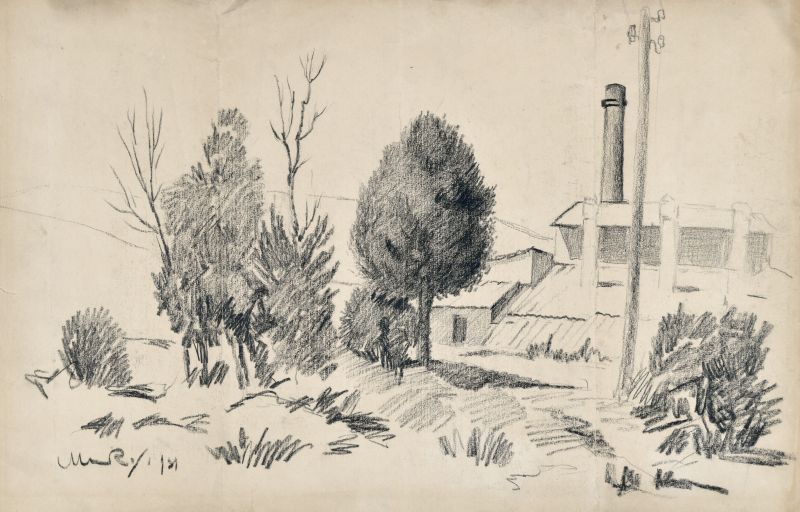 Fornace di mattoni, Paesaggio con alberi e fornace di mattoni (disegno) di Rosi Mino (XX)