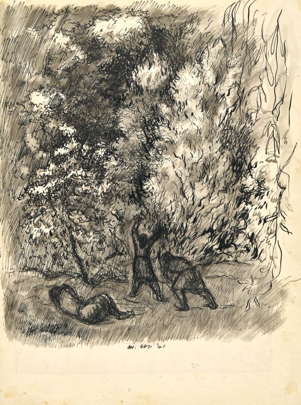 Figure nel bosco, Forra in Val d'Era (disegno) di Rosi Mino (XX)