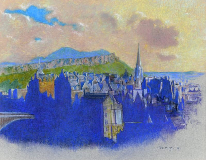 Edimburgo, Edimburgo: panorama, paesaggio con veduta di Edimburgo (disegno) di Rosi Mino (XX)