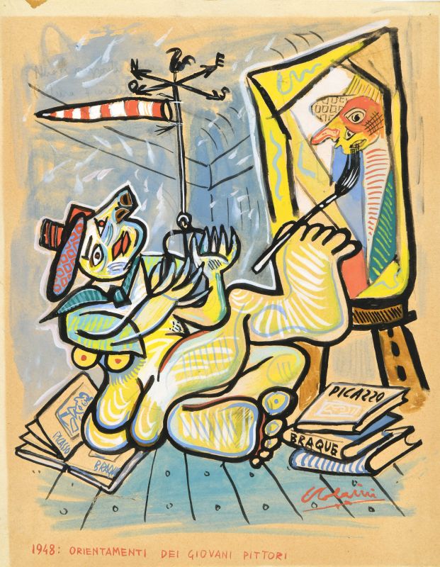 Orientamenti dei giovani pittori, figura che dipinge (disegno) di Tolaini Emilio (XX)