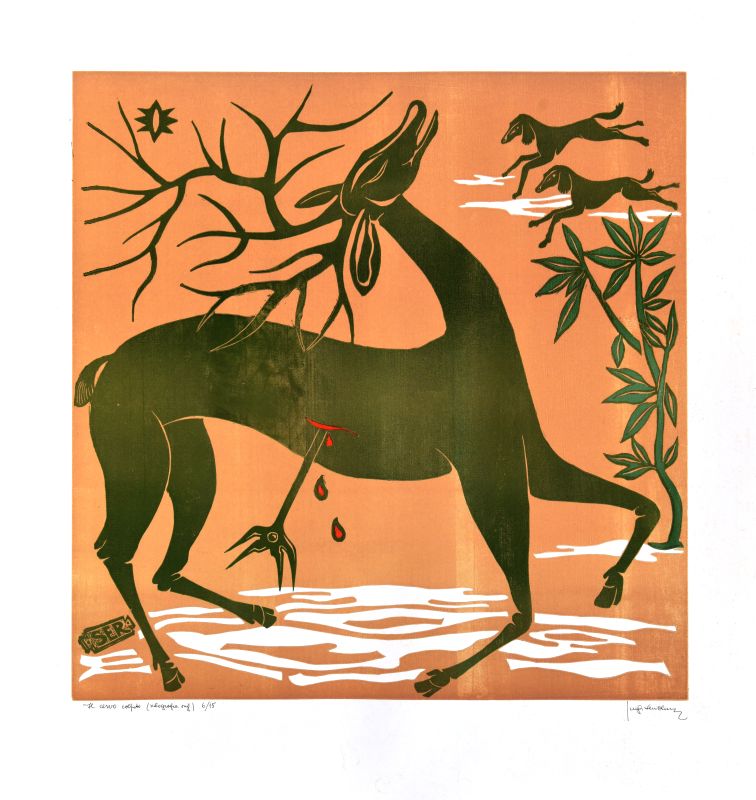 Il cervo colpito, cervo colpito da una freccia (stampa) di Servolini Luigi (XX)