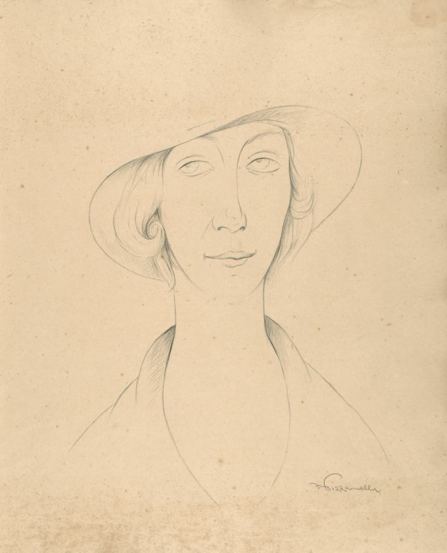 Figura femminile con grande cappello, ritratto femminile con grande cappello (disegno) di Pizzanelli Ferruccio (prima metà XX)