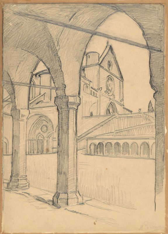 Chiostro, chiostro di una chiesa (disegno) di Puccini Mario (XIX/ XX)