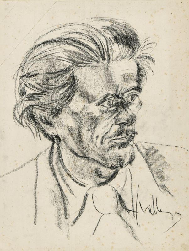 Ritratto del pittore Bonfanti, testa maschile vista di tre quarti (disegno) di Vallerini Fernando (XX)