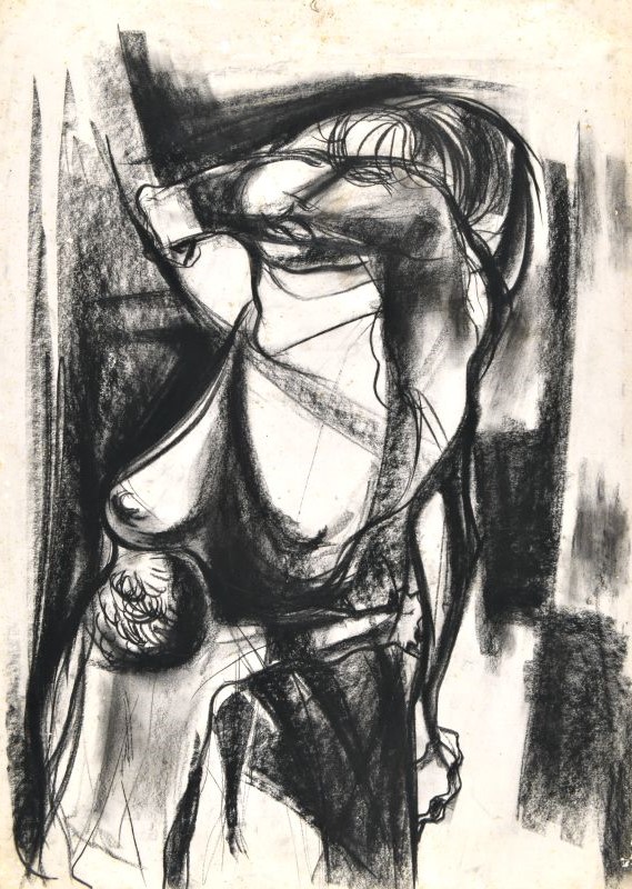 Figura di donna con bambino, Figura di donna con seno nudo che tiene in braccio un bambino (disegno) di Pulcinelli Silvano (XX)