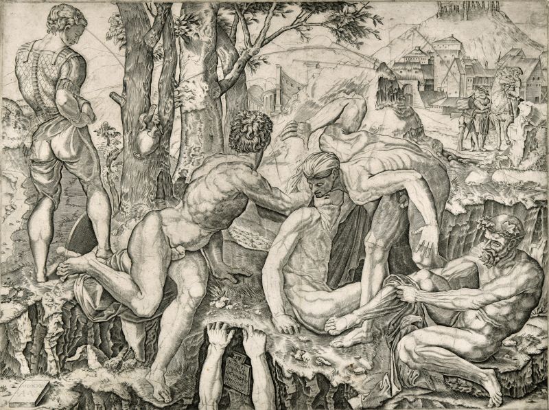 Una scena della Battaglia di Cascina, cinque uomini che si rivestono (stampa) di De Musi Agostino, Buonarroti Michelangelo (XVI)