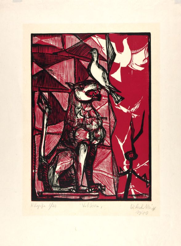 Leone e colomba a Volterra, colomba appoggiata su un leone in pietra (stampa) di Lotti Dilvo (XX)