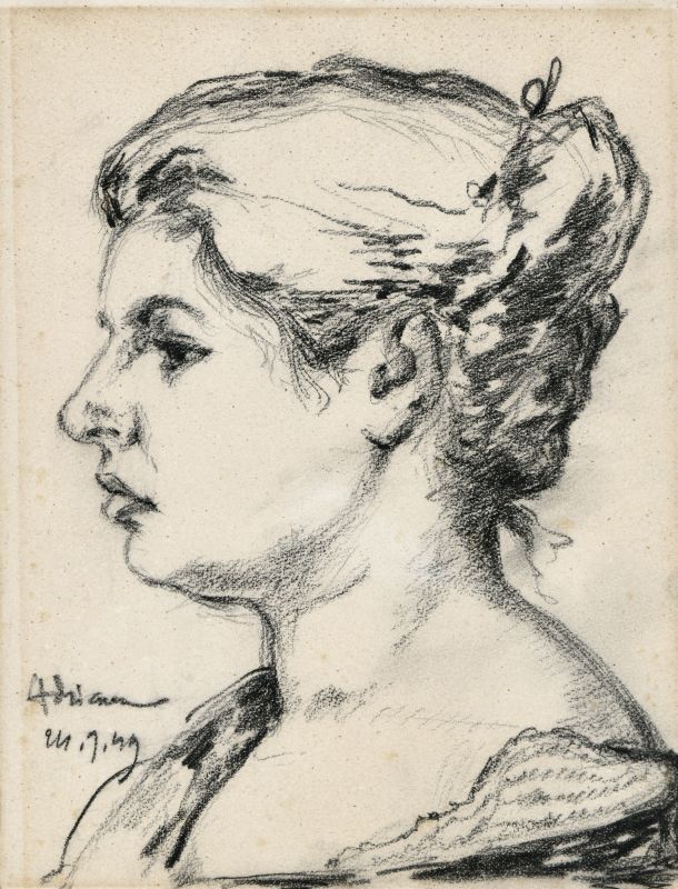 Ritratto di Adriana, Volto di donna di profilo (disegno) di Vallerini Fernando (XX)