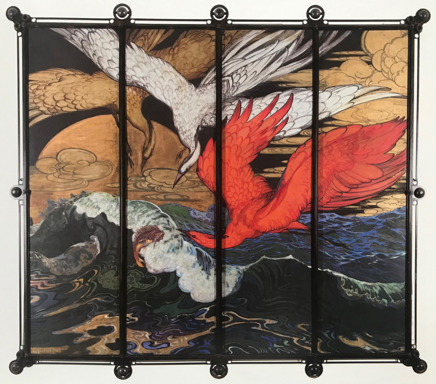 Onde, damigelle di Numidia e scorfano, scena con uccelli e pesce (paravento) di Chini Galileo (XX)