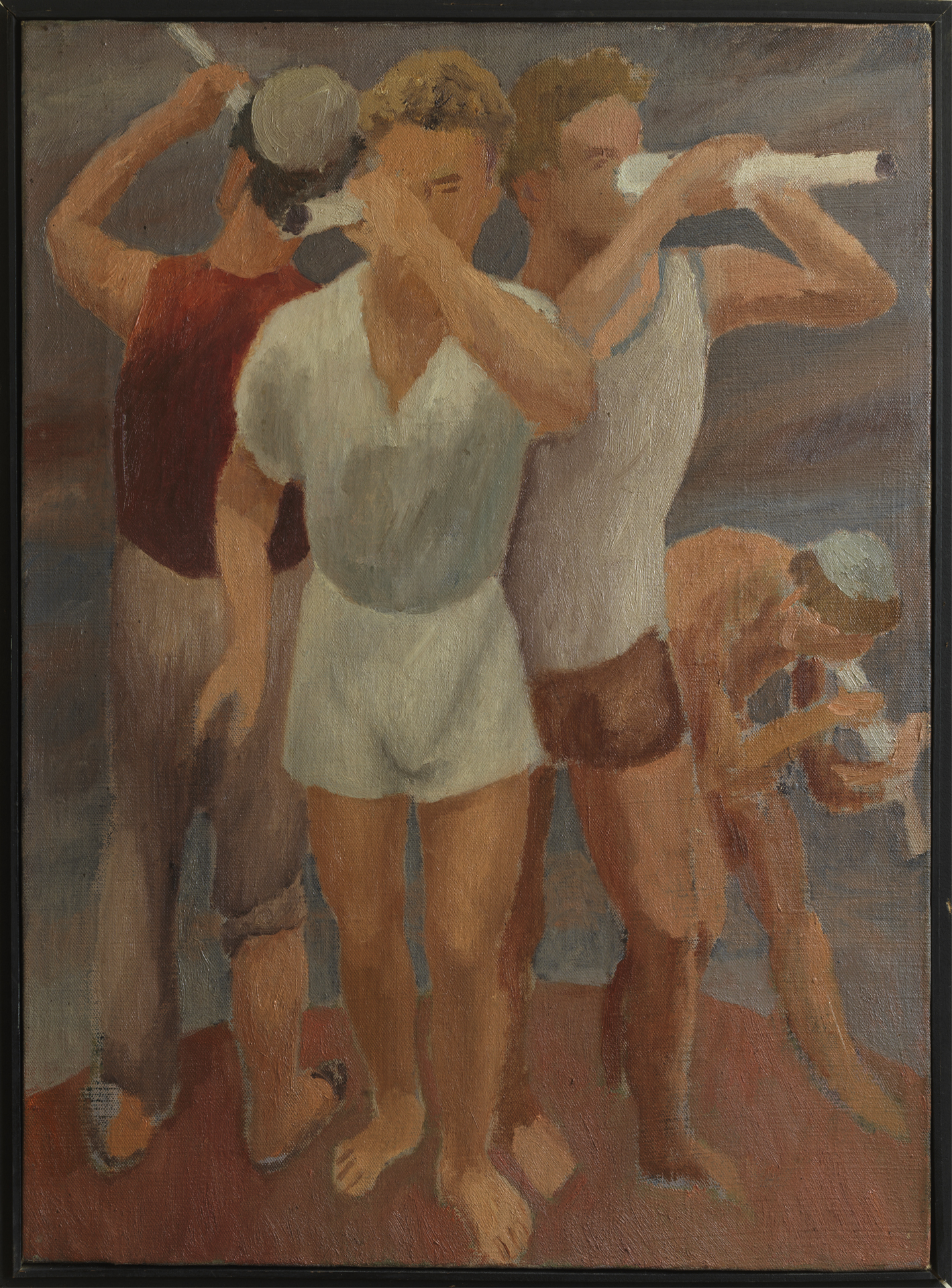 Giochi di ragazzi, Giovani con cannocchiali (dipinto) di Janni Guglielmo (sec. XX)