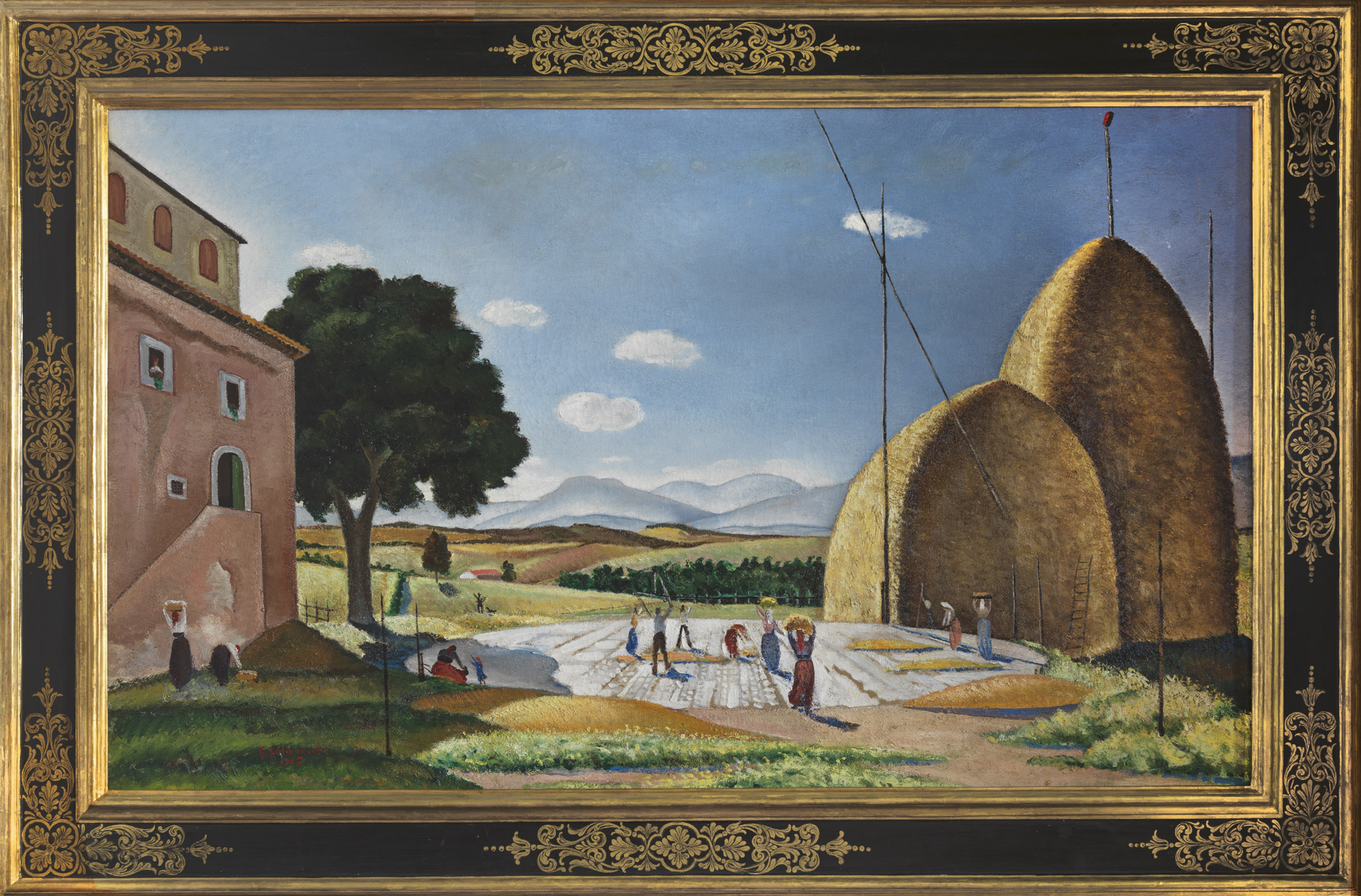 Battitura del grano nell'aia di un casolare (dipinto) di Colacicchi Giovanni (sec. XX)