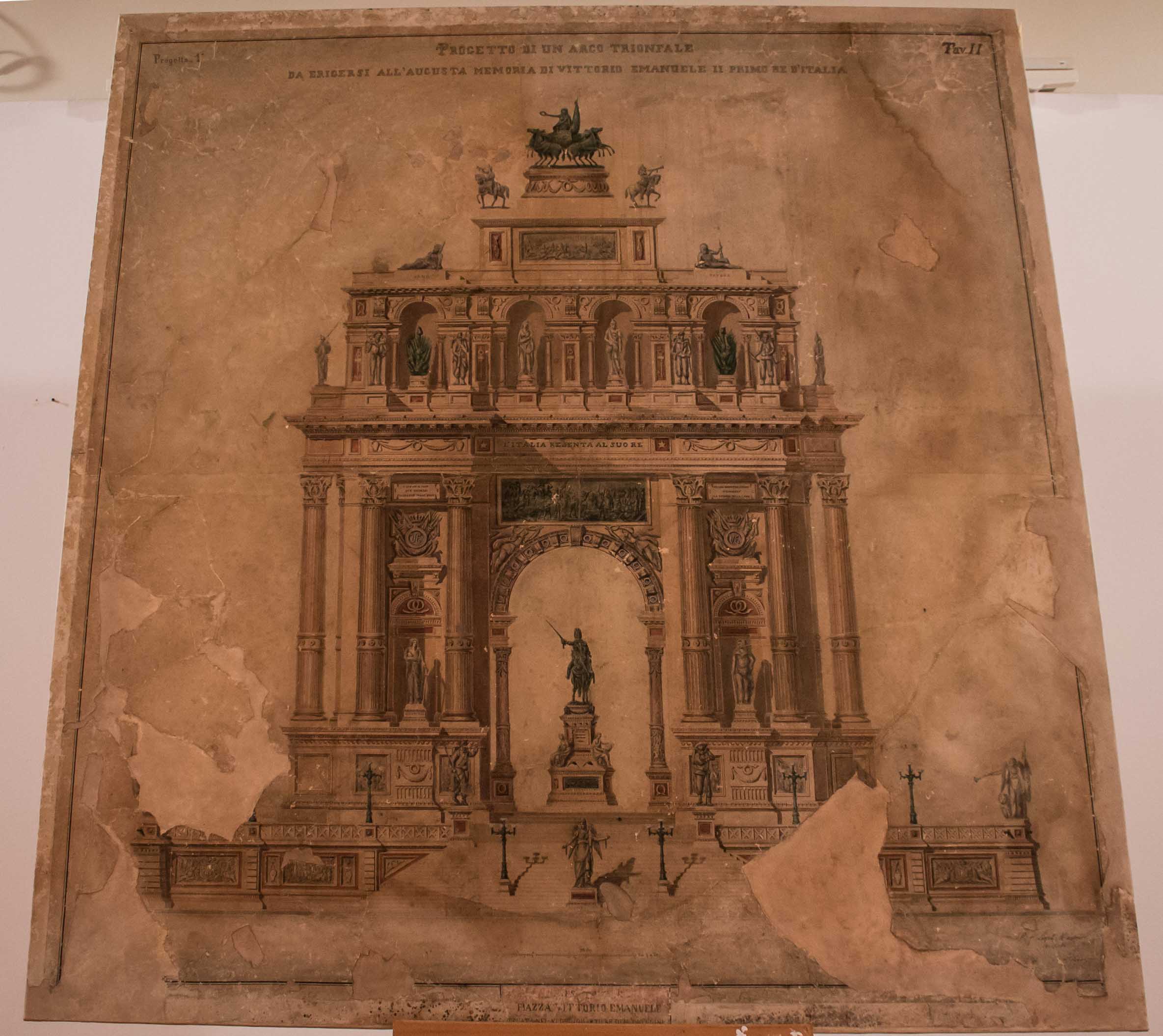 progetto per un arco trionfale in onore di Vittorio Emanuele II di Savoia (disegno architettonico) di Massardi Leopoldo (seconda metà XIX)