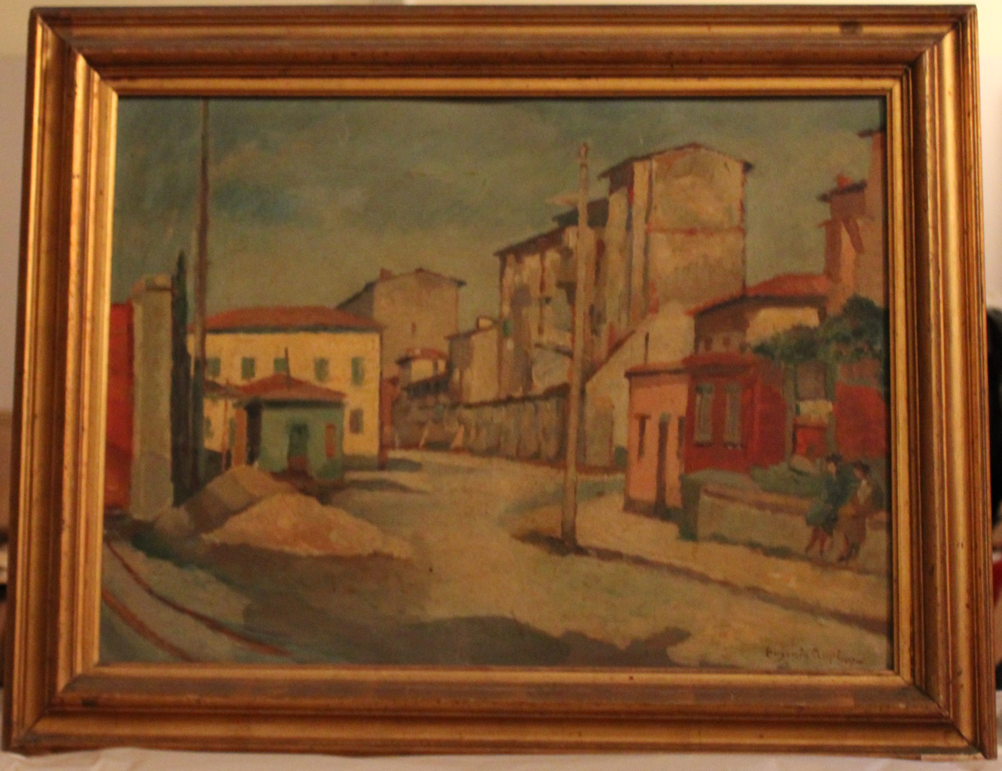 Vecchie case, veduta di città (dipinto) di Cropi Eugenio (XX)