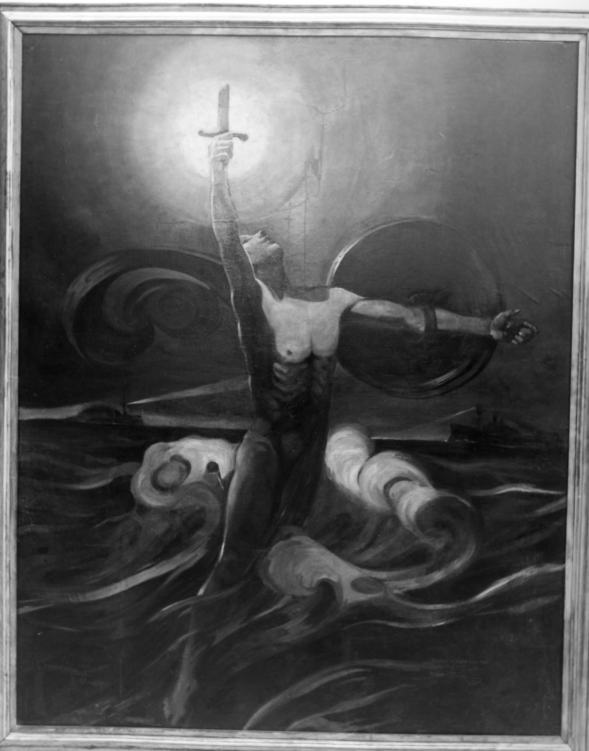 figura maschile nuda con scudo e pugnale (dipinto) di Cantini Ario (XX)