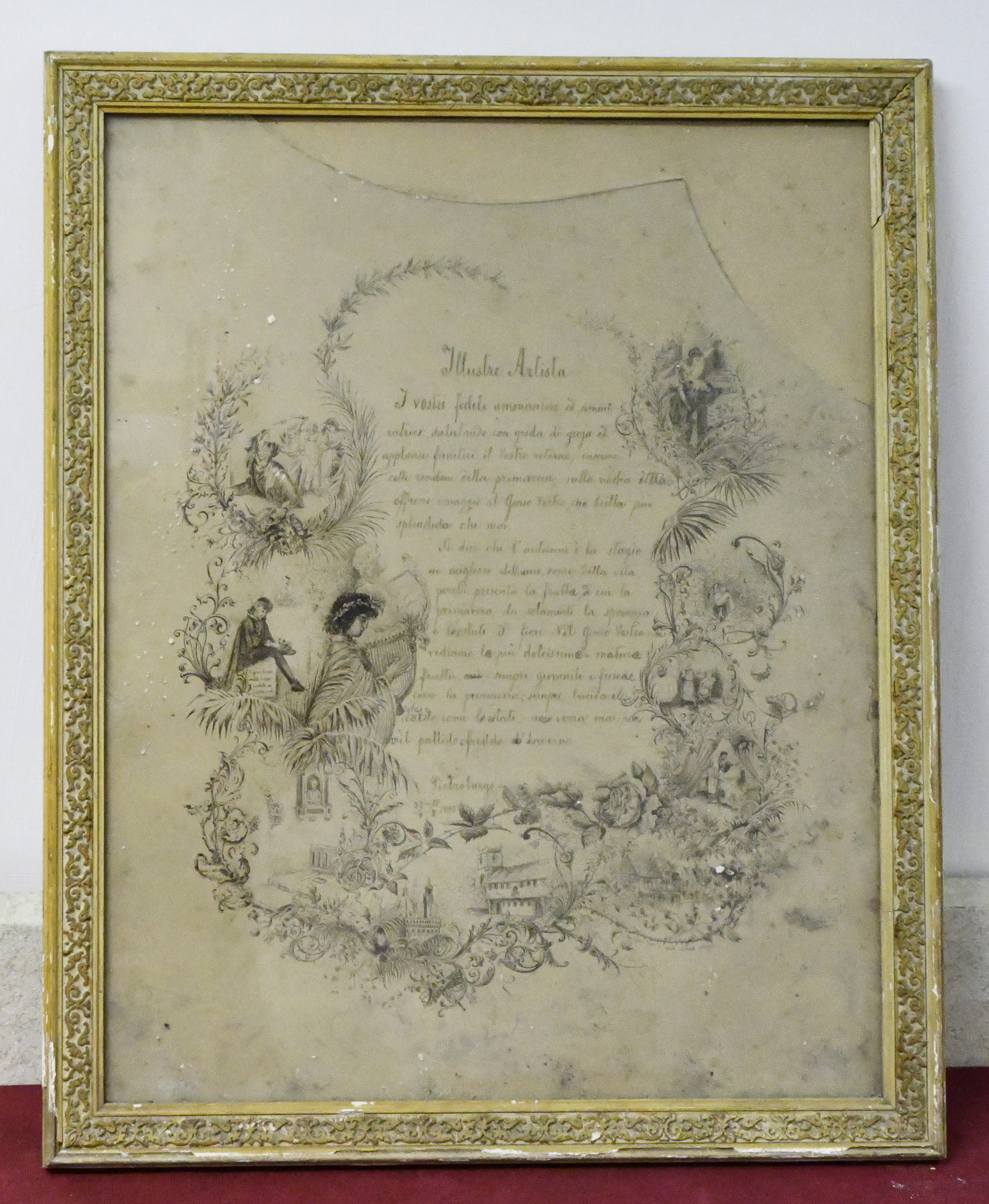 diploma con scene teatrali e vedute di città (disegno) - ambito italiano (XIX)