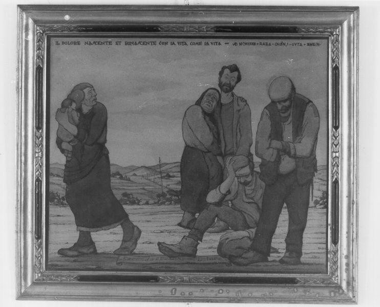 SECONDO IL DESTINO COL DOLORE, Paesaggio rurale con contadini (dipinto) di Razzaguta (XX)