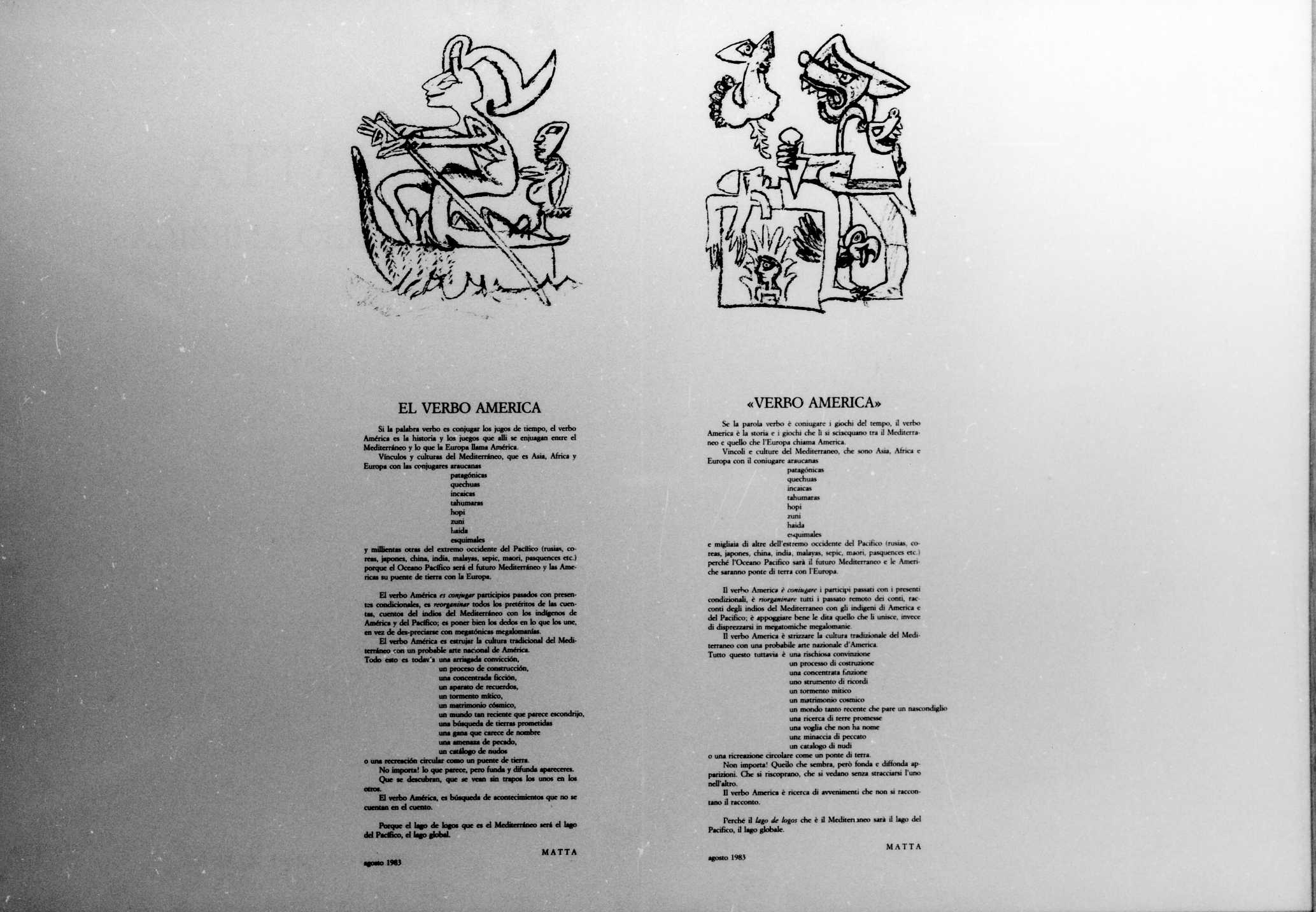Verbo America, soggetto astratto con figure antropomorfe e iscrizione (stampa) di Echaurren Matta Roberto Sebastian - ambito europeo (XX)