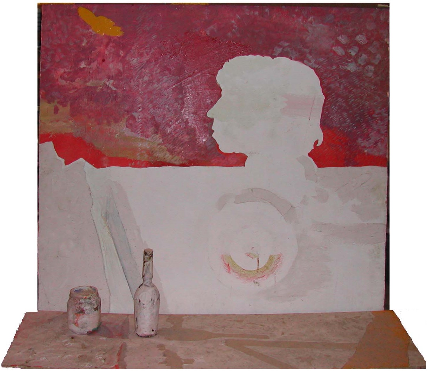 Quadro per Ginevra, Barattolo, bottiglia e cerchi si sfondo di profilo maschile (dipinto) di Calzolari Pier Paolo (XX)