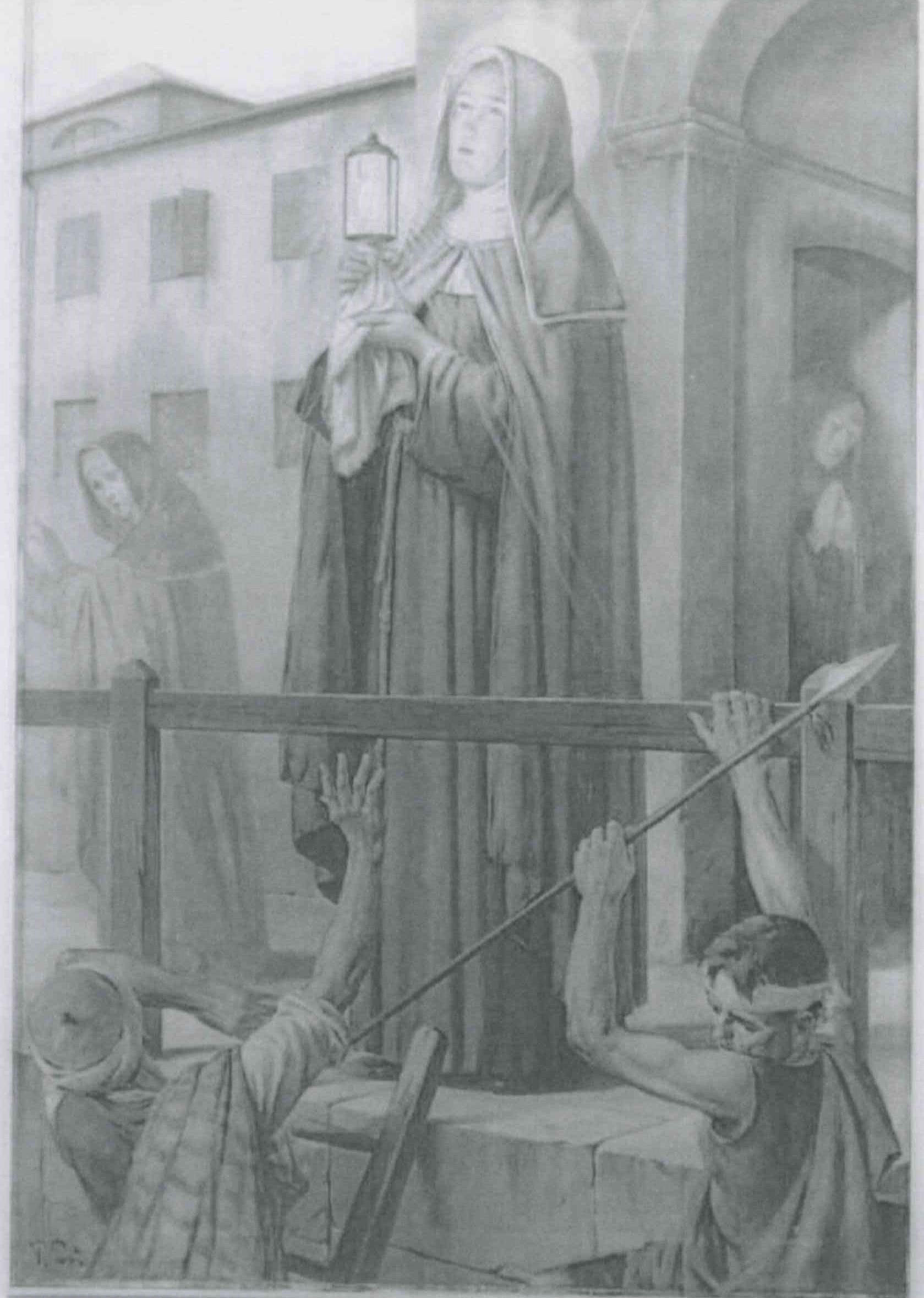 Santa Chiara d’Assisi scaccia con l’eucarestia i saraceni (dipinto) di Posì P. G - ambito Italia settentrionale (XX)