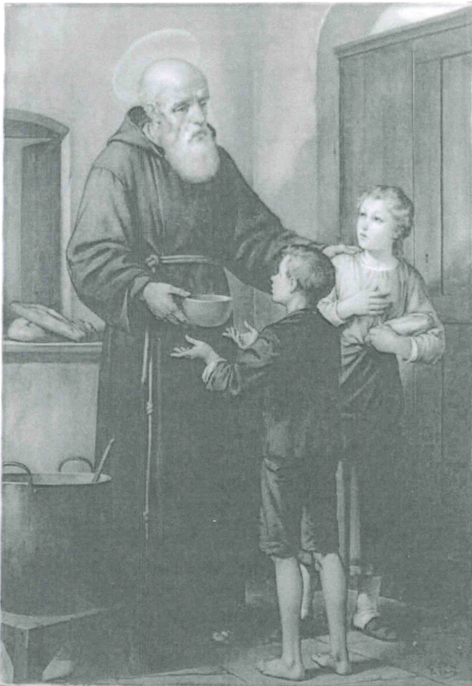 San Corrado da Parzham distribuisce cibo ai bambini (dipinto) di Posì P. G - ambito Italia settentrionale (XX)