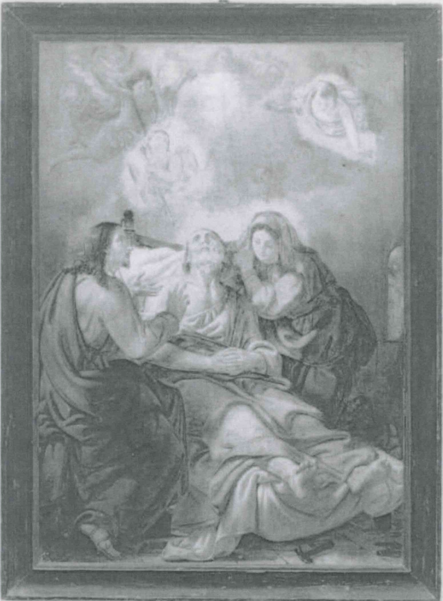 Morte di San Giuseppe assistito da Cristo e Madonna (dipinto) di Fra Celestino, cappuccino - ambito Italia settentrionale (XIX)