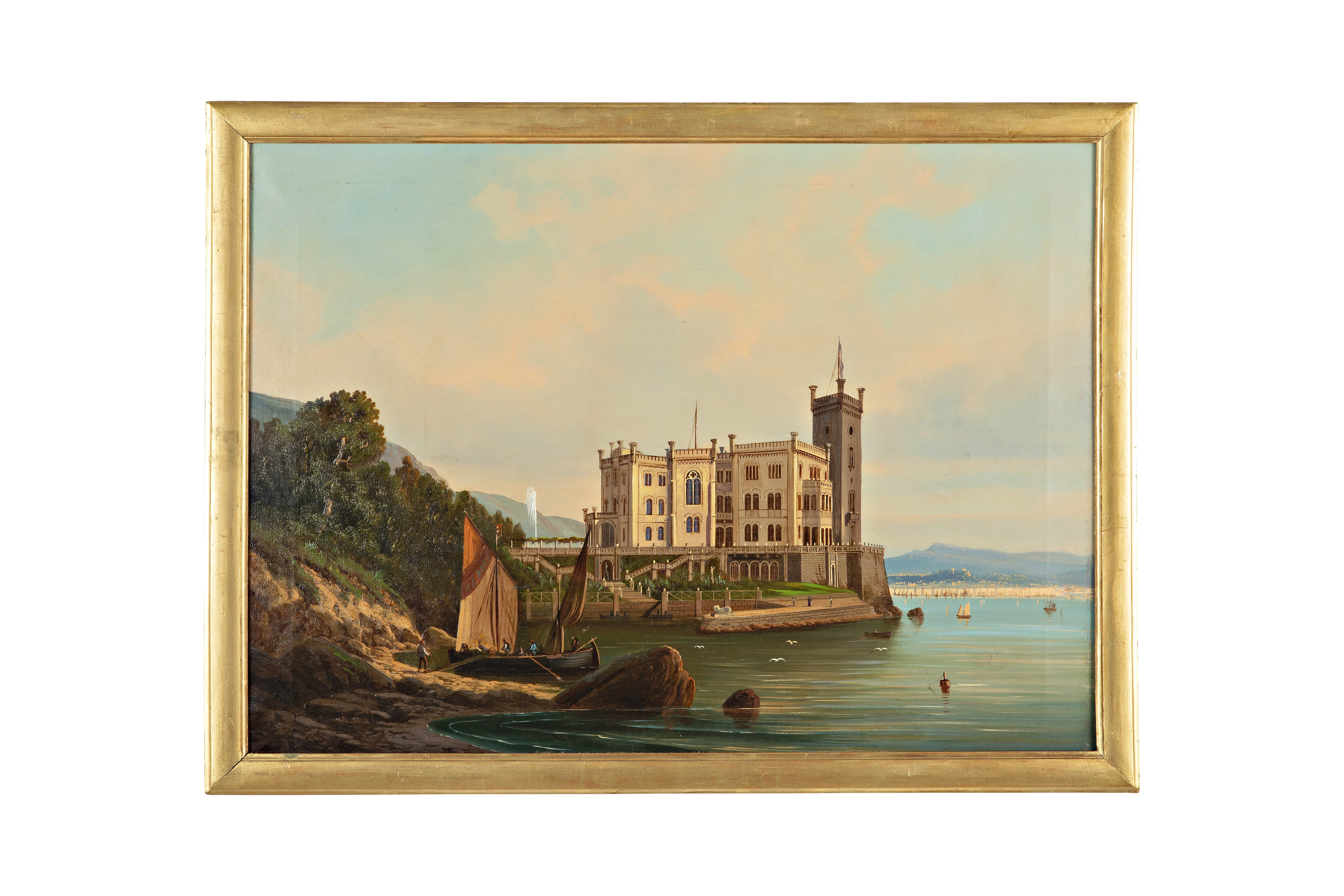 Veduta del castello di Miramare dalla baia di Grignano, Castello di Miramare (dipinto, opera isolata) di Rieger, Albert (seconda metà XIX)