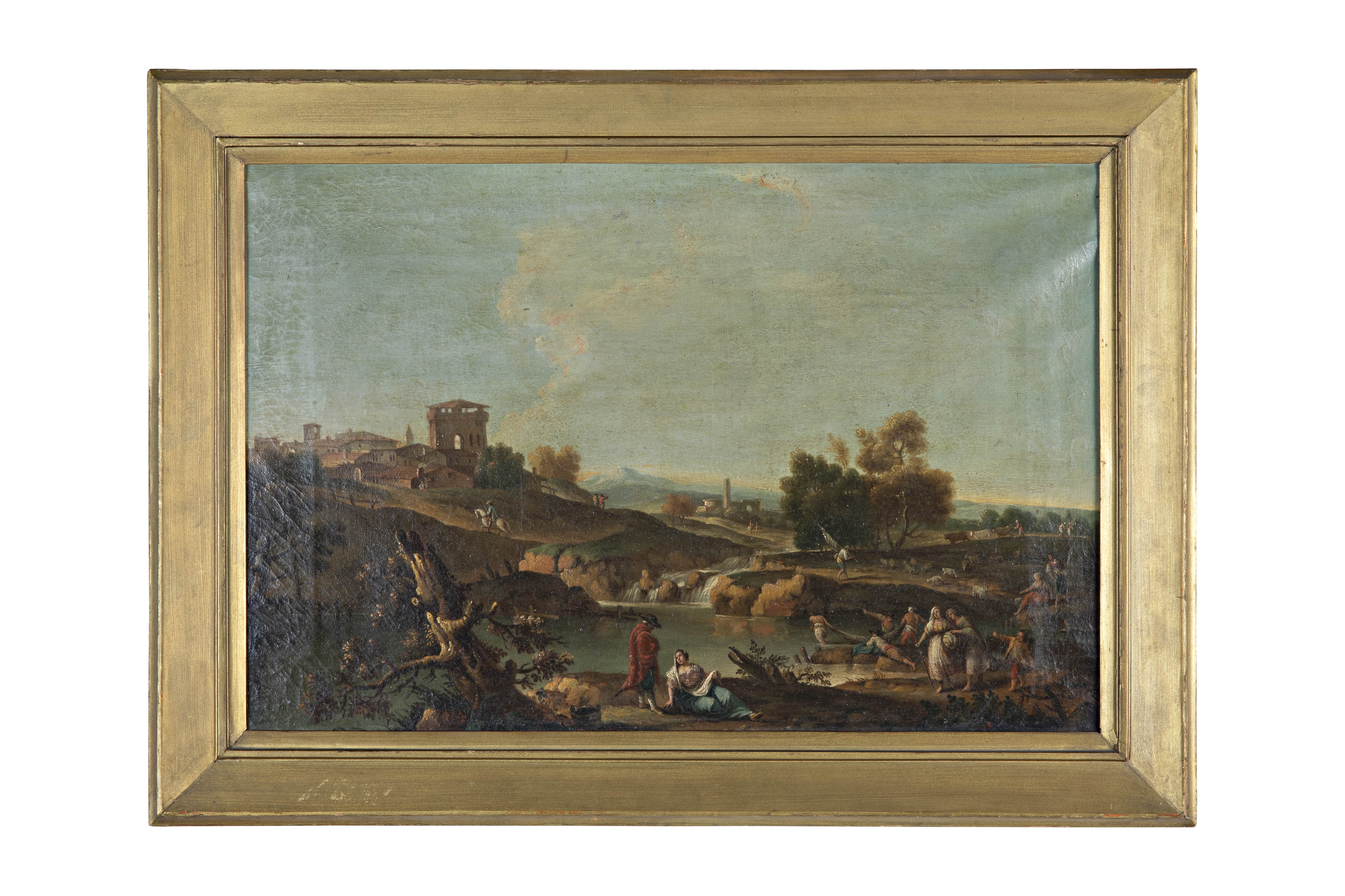 Paesaggio fluviale, Paesaggio fluviale con figure e borgo (dipinto, opera isolata) di Anonimo - ambito veneto (XVIII)