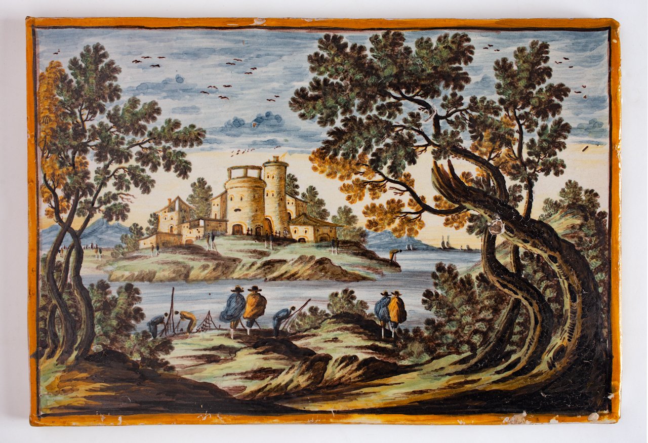 Mattonella istoriata con paesaggio (mattonella, opera isolata) di Grue Nicola Tommaso di Giovanni (seconda metà XVIII)