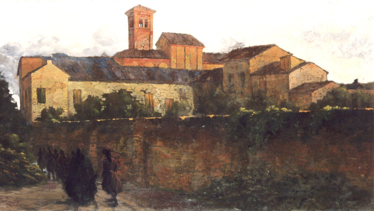 Scorcio forlivese con la chiesa di San Biagio, La Chiesa, Veduta di città (dipinto, opera isolata) di Rossi Pio (XX)
