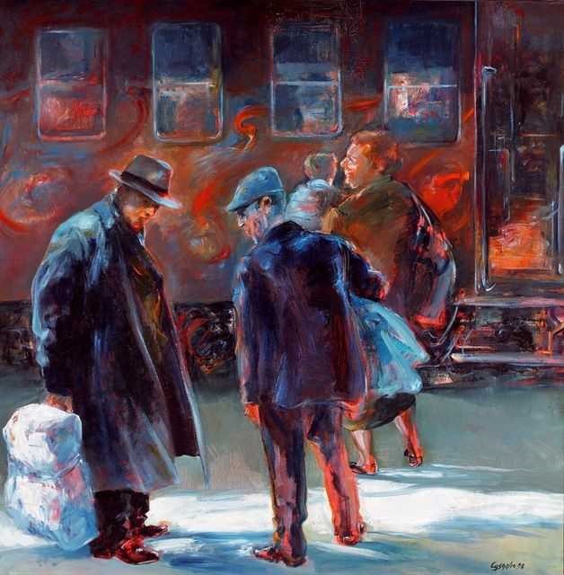 Gente in stazione, Veduta di binario di treno con figure (dipinto, opera isolata) di Casadio Roberto (XX)