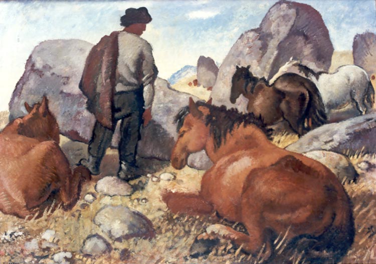 Il cavallaro, Paesaggio con cavalli e cavallaro (dipinto, opera isolata) di Carena Felice (XX)